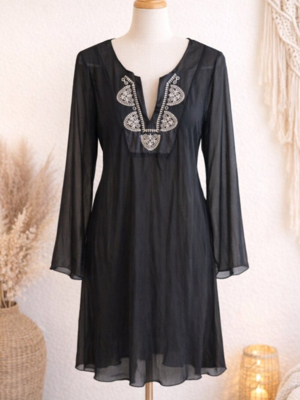 BB Apparel Sheer Embroidered Tunic Dress L Boho Festival Style Peasant Flowy